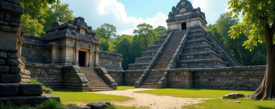 Ancient Mayan temple ruins, intricate stone carvings , Central America, adventure, relief