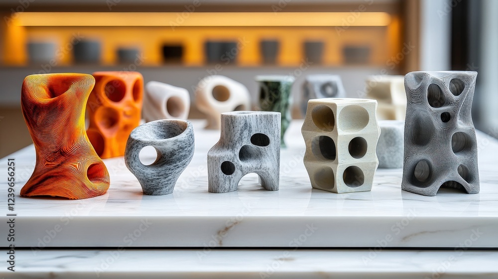 Poster unique abstract vases displayed on a marble surface with soft lighting in the background