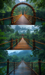 Fototapeta premium Scenic Wooden Rope Bridge Over Tropical River