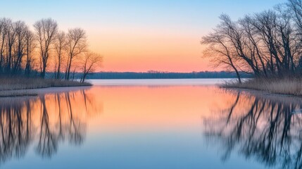 Fototapeta premium A peaceful lake framed by perfectly aligned trees reflects the soft colors of a pastel sunset sky, creating a tranquil and harmonious landscape.