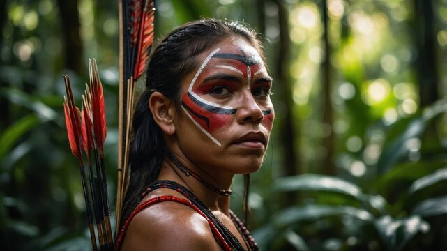 Indigenous woman in the rainforest, adorned with traditional face paint and carrying a quiver of arrows.