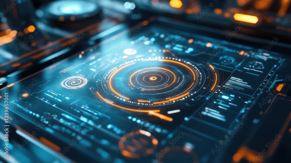 Poster futuristic control panel featuring complex data analysis and vibrant circular interface with glowing