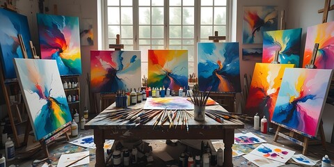 Colorful abstract painting in the process of creation, surrounded by brushes, paint tubes, and splashes, showcasing a vibrant and creative artist workspace

