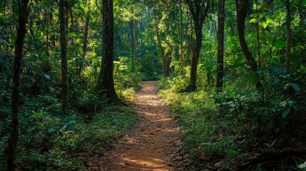 Fototapeta premium A peaceful trail through a lush forest, with layers of dense vegetation representing the harmonious coexistence of diverse species in an untouched natural environment.