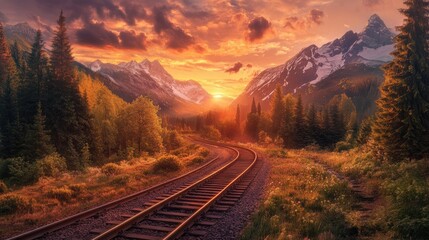 Fototapeta premium A peaceful train journey through rolling hills, with tracks curving through lush forests, a vibrant sunset sky, and towering mountains in the background.