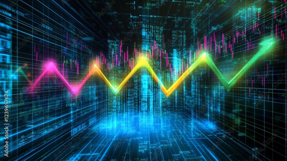 Poster dynamic financial growth chart with digital data streams on a grid background