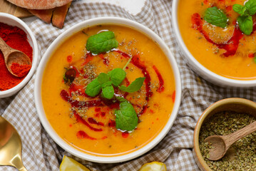 Traditional Turkish Vegan Red Lentil   veggy soup .style rustic