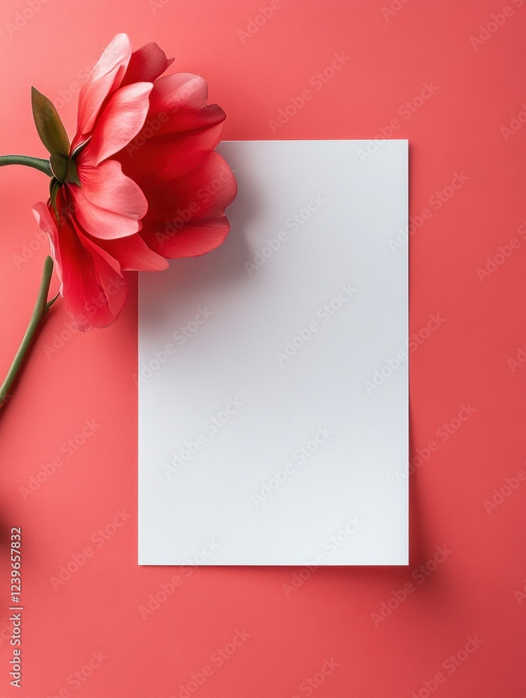 Poster Bright coral backdrop with blank paper and vibrant flower arranged for creative design. Generative AI