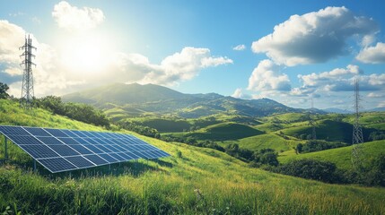 A picturesque landscape with solar panels and antennas in the foreground, set against rolling hills and a bright blue sky, showcasing an efficient backhaul system.