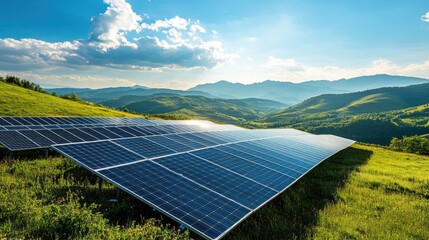 A picturesque landscape with solar panels and antennas in the foreground, set against rolling hills and a bright blue sky, showcasing an efficient backhaul system.