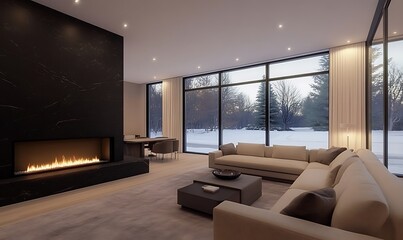 Modern luxury living room design featuring sleek linear furniture and elegant decor.