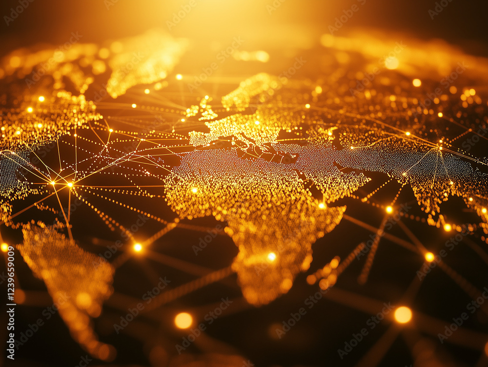 Poster abstract technology background illustrates interconnectedness of world through digital networks, sym