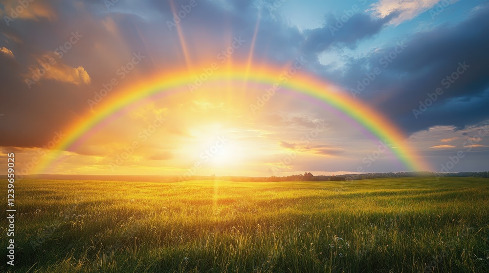 Poster A rainbow forms above a calm, sunlit field of grass, with rays of light gently breaking through the clouds, creating a peaceful setting