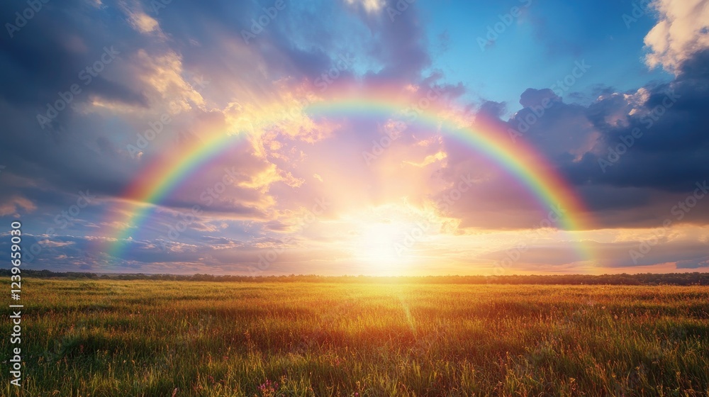 Poster A rainbow forms above a calm, sunlit field of grass, with rays of light gently breaking through the clouds, creating a peaceful setting