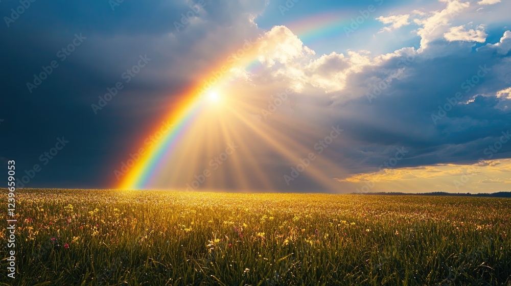 Poster A rainbow forms above a calm, sunlit field of grass, with rays of light gently breaking through the clouds, creating a peaceful setting