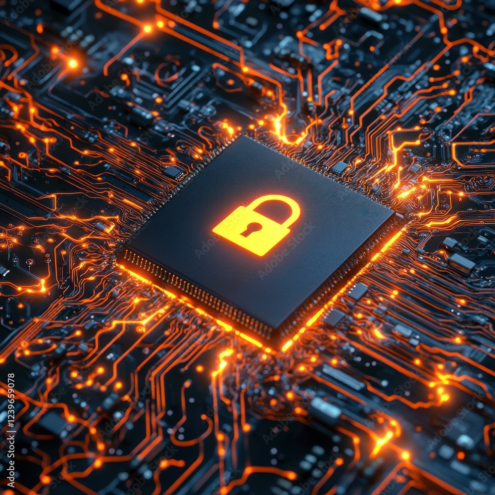 Poster illuminated lock on a chip, data security concept. glowing circuit board background. use for tech de