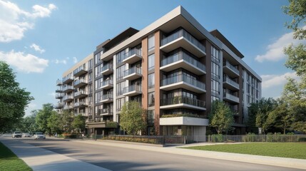 Modern Apartment Building with Balconies under Blue Sky and Lush Greenery Street View