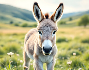 Baby Donkey Mule Standing in Watercolor - Generative AI Soft, Gentle Watercolor Style of a Cute Baby Mule in Serene Meadow with Rolling Hills and Flowers.
