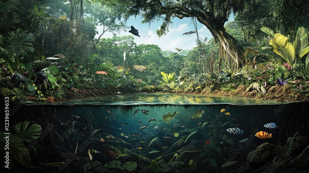 Poster a rich jungle cross-section showing the vibrant life forms at every level, from the ground to the ca