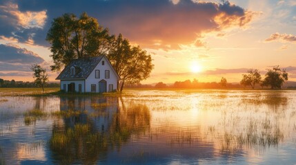 Obraz premium A rural house perched above a flooded field, with water reflecting trees and a setting sun, creating a quiet and breathtaking scene of nature resilience