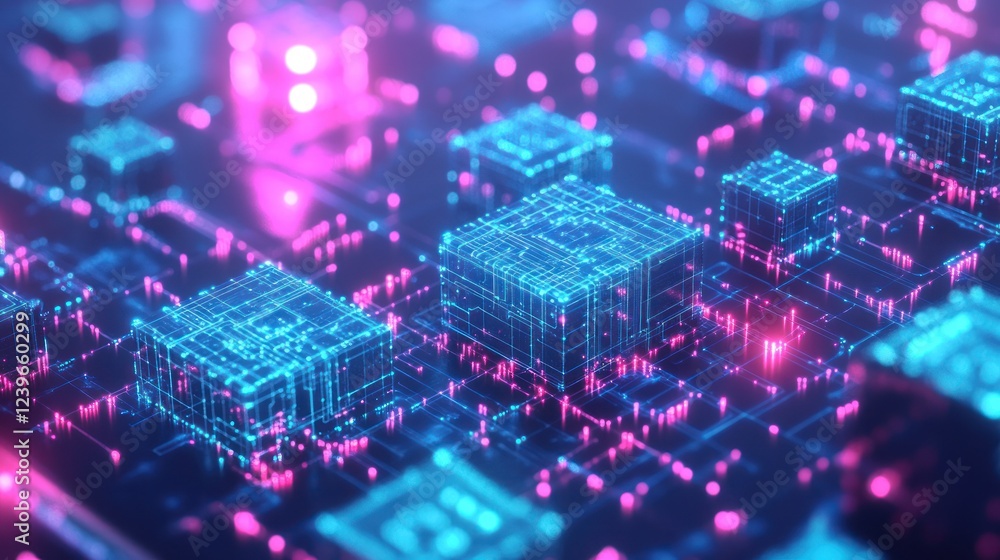 Poster digital cubes glowing with pink and blue lights, abstract technological background for use in web de