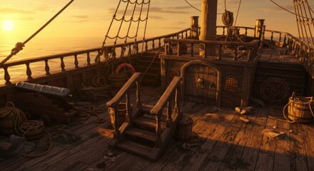 Naklejka premium Golden Hour on the Pirate Ship Deck: A 3D Render of a Wooden Pirate Ship at Sunset