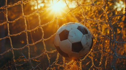 Fototapeta premium A black and white soccer ball in goal net, illuminated by warm sunlight, creates celebratory atmosphere