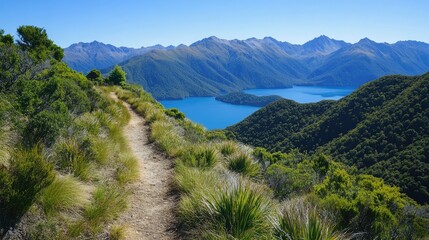 A serene mountain trail winds along a ridge, offering panoramic views of shimmering blue lakes below, framed by lush greenery and a cloudless, clear sky.