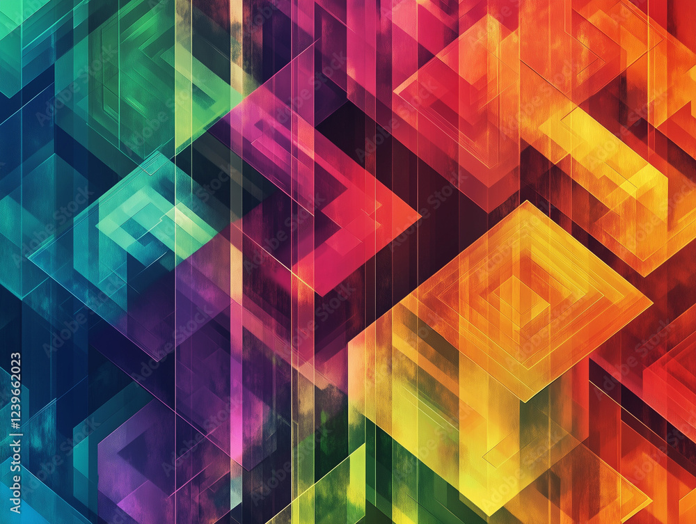 Poster abstract technology background features a vibrant array of geometric shapes arranged in a mesmerizin