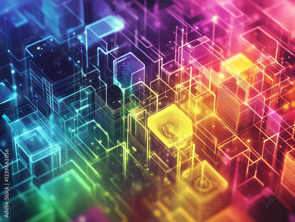Poster abstract technology background features a vibrant array of geometric shapes arranged in a mesmerizin