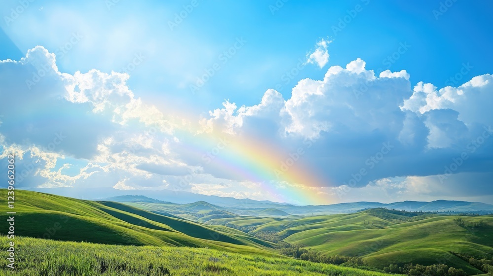 Poster a serene view of rolling green hills, a bright rainbow spanning the horizon under a calm blue sky wi