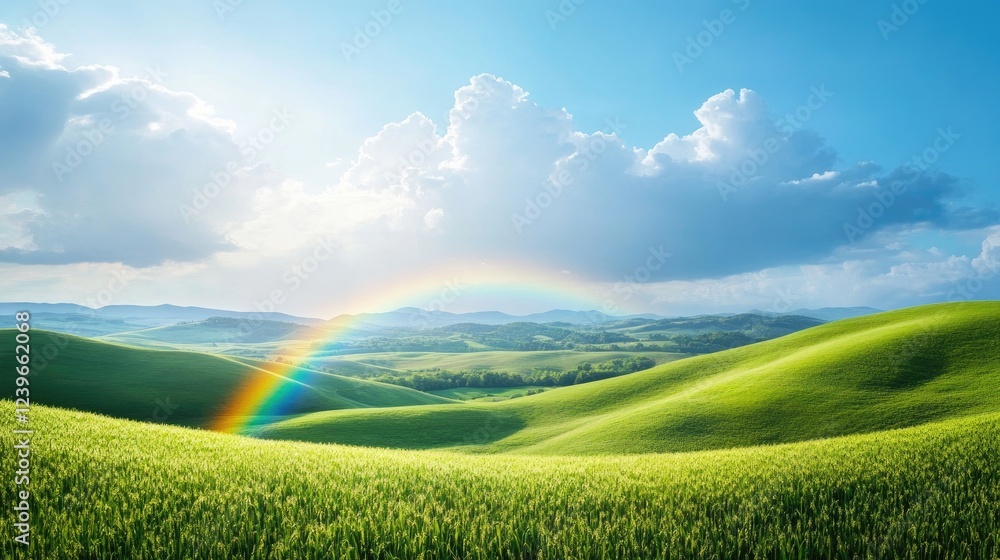 Poster a serene view of rolling green hills, a bright rainbow spanning the horizon under a calm blue sky wi