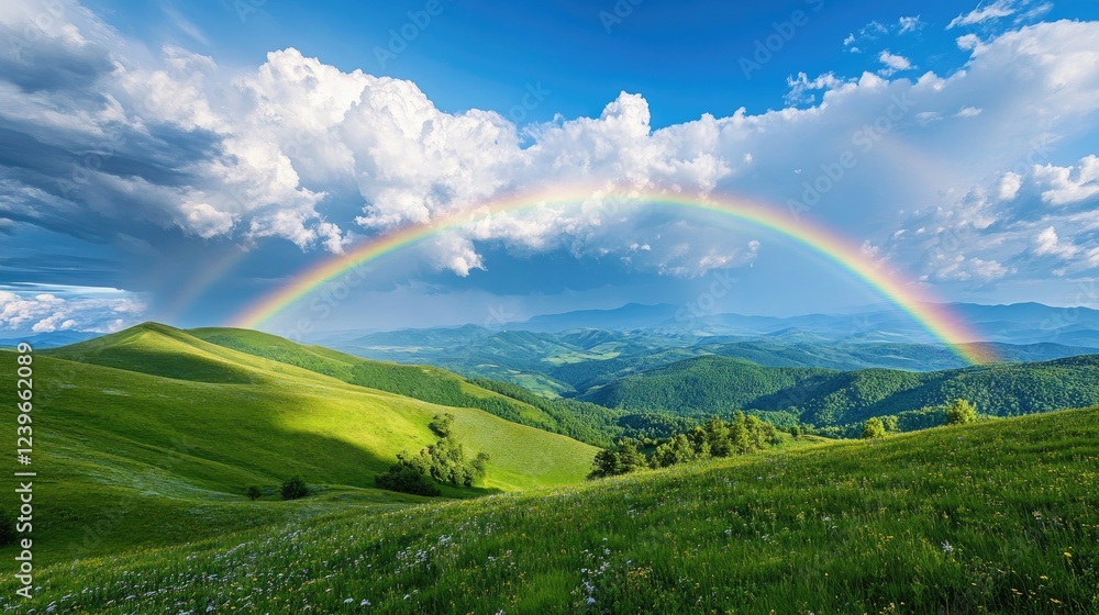 Poster a serene view of rolling green hills, a bright rainbow spanning the horizon under a calm blue sky wi