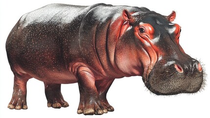 Fototapeta premium Hippopotamus standing, African savanna background, wildlife illustration, educational use