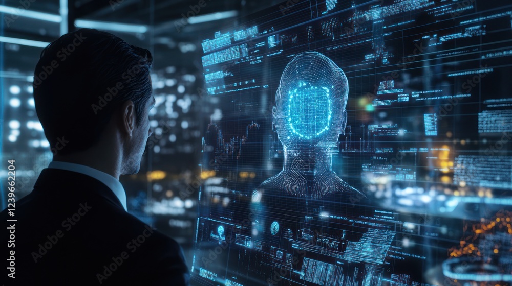 Poster analyzing digital human hologram in a high tech environment with data screen