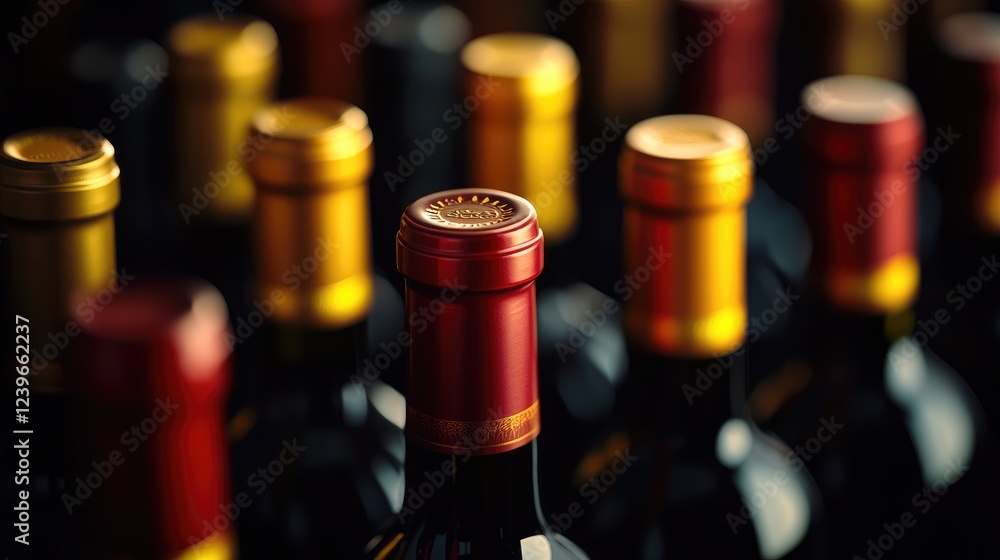 Poster A simple and elegant minimalist composition of wine bottles with bright caps, their intricate labels glowing under the soft studio lighting, exuding class.