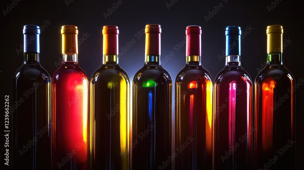 Poster a simple and elegant minimalist composition of wine bottles with bright caps, their intricate labels