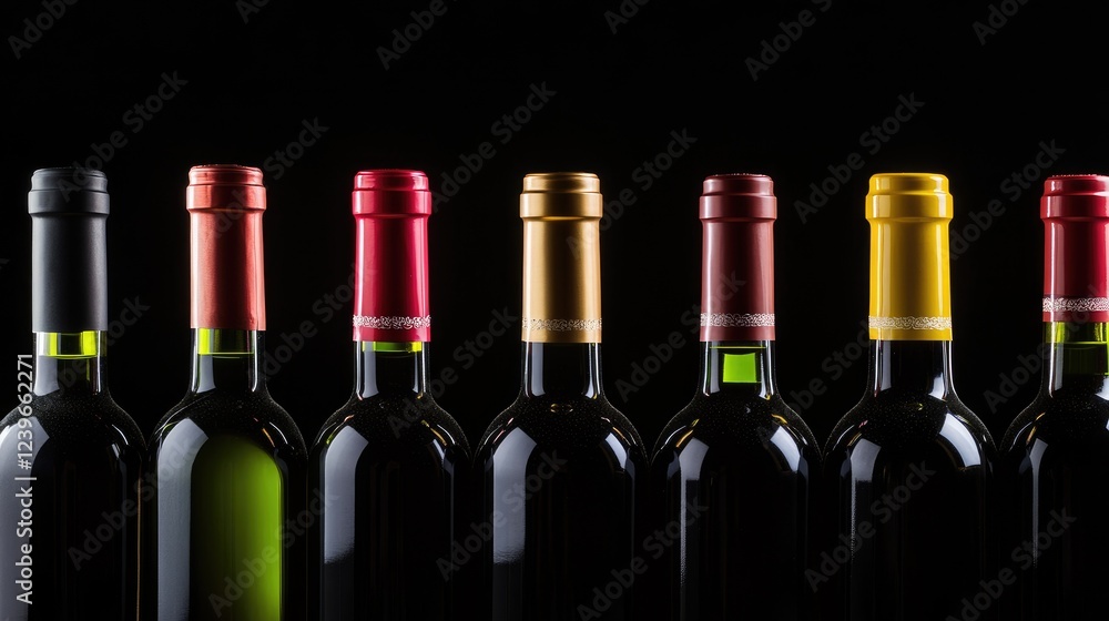 Poster A simple and elegant minimalist composition of wine bottles with bright caps, their intricate labels glowing under the soft studio lighting, exuding class.