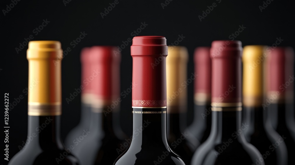 Poster A simple and elegant minimalist composition of wine bottles with bright caps, their intricate labels glowing under the soft studio lighting, exuding class.