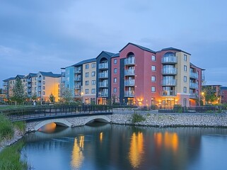 In the twilight, Hamburg's U-Bahn bridge spans across the Osterbekkanal in Barmbek