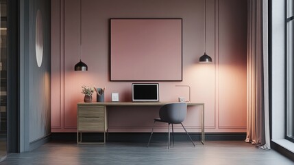 A sleek and modern Zoom room background with pops of pink accents, showcasing contemporary gallery-style art and a minimalist vibe.