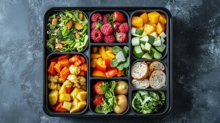 A sleek black lunchbox neatly contains a variety of fresh foods, including fruits, vegetables, and snacks, arranged thoughtfully on a clean, plain surface.
