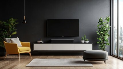 A sleek, modern living room with a two-tone color wall and minimalist TV cabinet, offering a stylish and contemporary interior design inspiration.