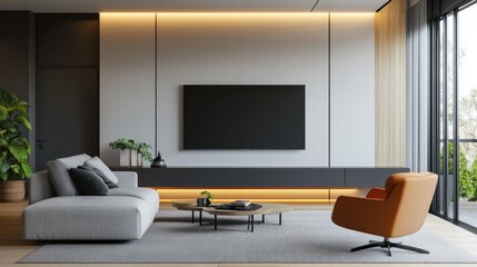 A sleek, modern living room with a two-tone color wall and minimalist TV cabinet, offering a stylish and contemporary interior design inspiration.