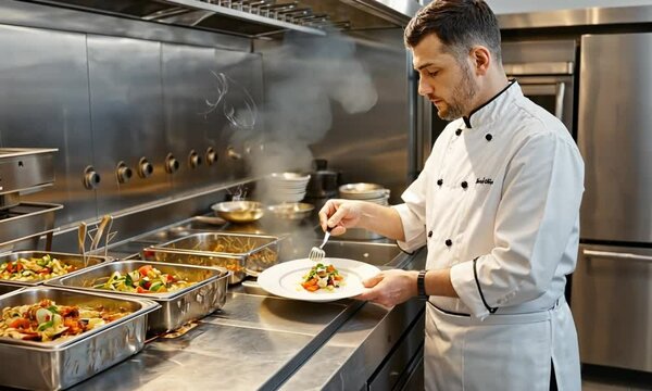 Professional Chef in a High-End Restaurant Kitchen Preparing a Gourmet Dish with Flames and Precision Cooking Techniques