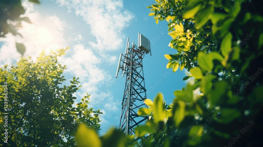 Poster a sleek telecom tower against a backdrop of vibrant green foliage and a powerful sky, symbolizing th