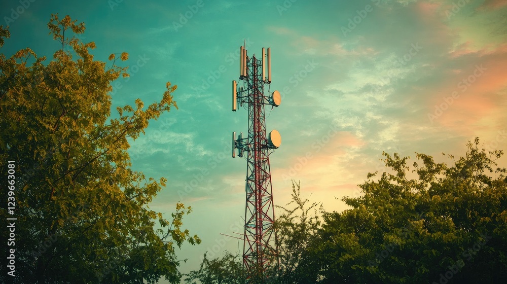 Poster a sleek telecom tower against a backdrop of vibrant green foliage and a powerful sky, symbolizing th