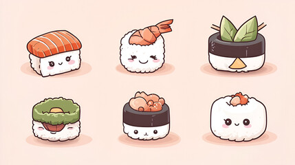 cute sushi and roll with cute expression set illustration.ai generative