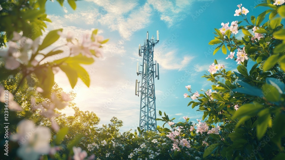 Poster a sleek telecom tower framed by vibrant greenery and a dynamic sky, symbolizing the perfect balance 