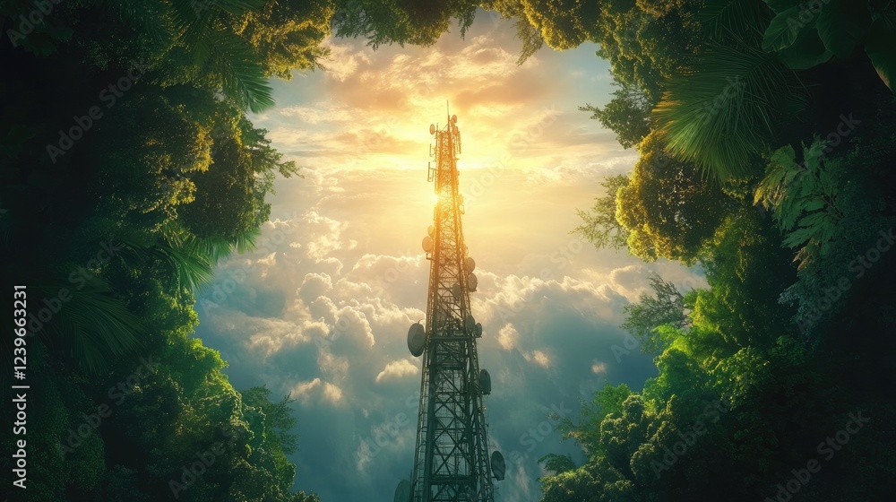 Poster a sleek telecom tower framed by vibrant greenery and a dynamic sky, symbolizing the perfect balance 